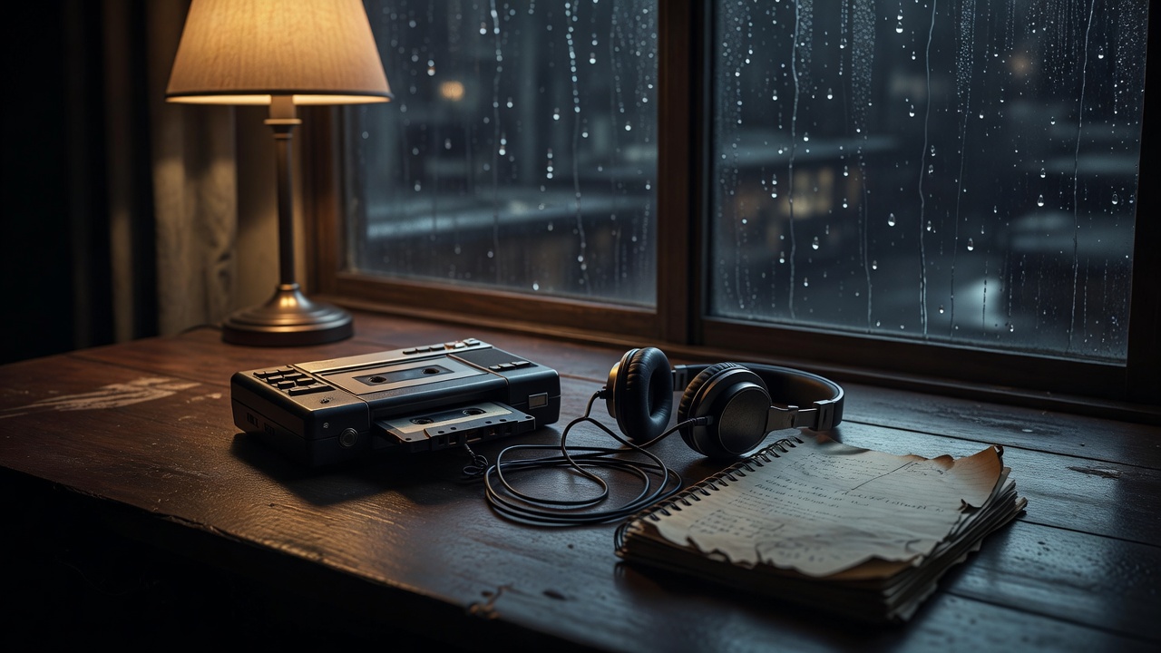 雨夜窗前摊开的旧录音带与手写笔记本，暖黄台灯下的安静观影氛围